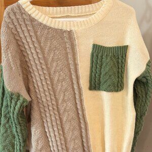 Colorblock Cable Knit Sweater Cream Tan Green Pocket Size L